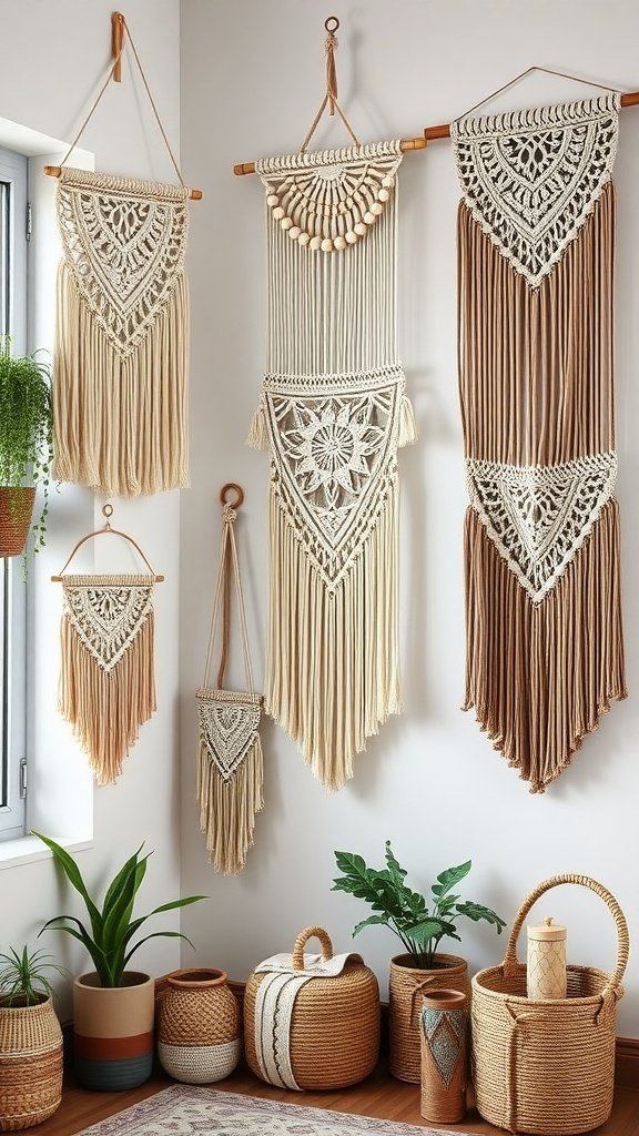 Beautiful macrame wall hangings in different styles and colors displayed in a cozy room.