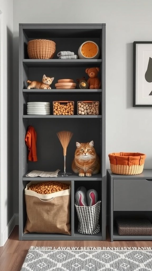 A stylish shelf filled with cat supplies and a cat sitting comfortably on it