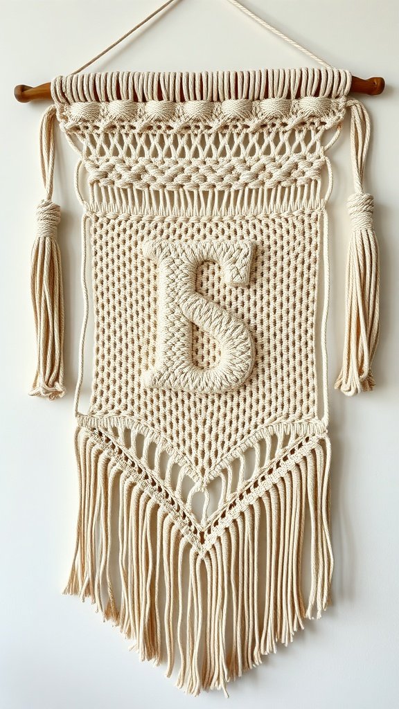 A macrame wall hanging featuring the letter 'S' with intricate designs and fringes.