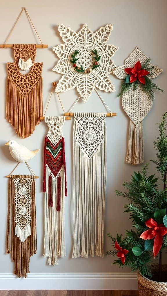 A variety of macrame wall hangings, including festive shapes and colors.