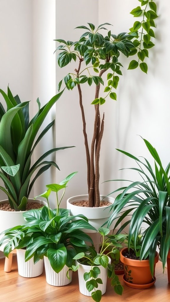 A collection of various indoor plants in pots, including a tall green plant, smaller leafy plants, and vines, arranged in a bright, natural setting.