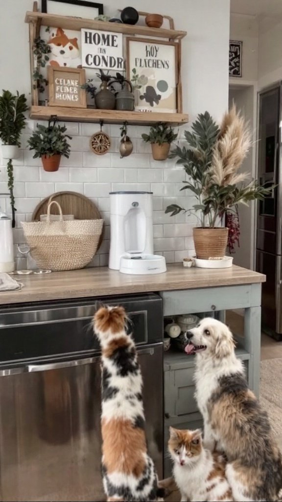 A modern feeding station for pets, featuring a dog near food and water bowls.