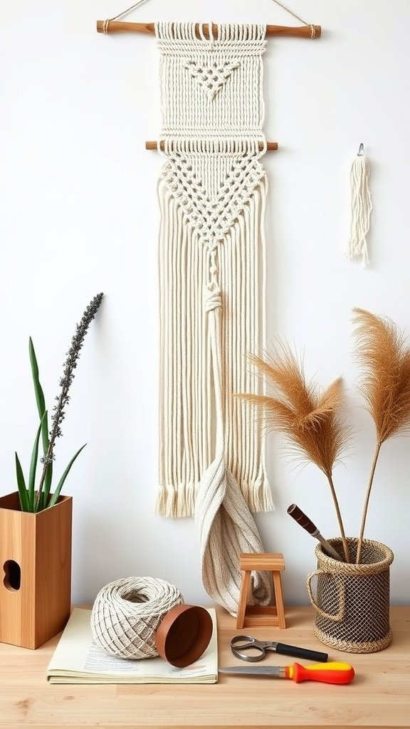 A simple macrame wall hanging displayed on a white wall, with crafting materials on a wooden table.