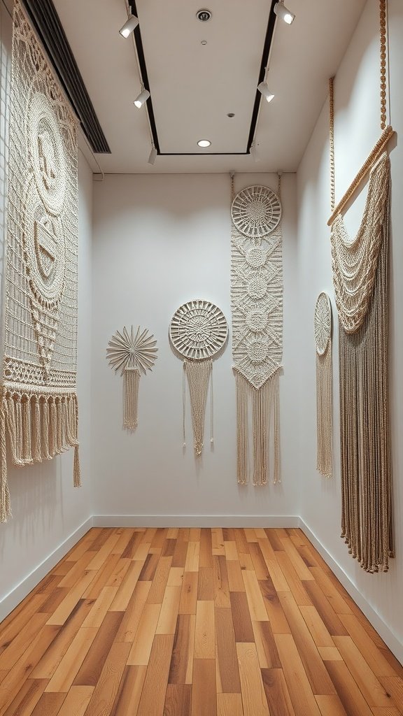 A collection of advanced macrame wall hangings featuring various intricate patterns and textures.