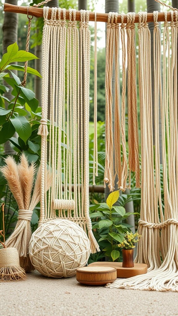 A beautiful macrame wall hanging displayed among greenery and natural decor items.