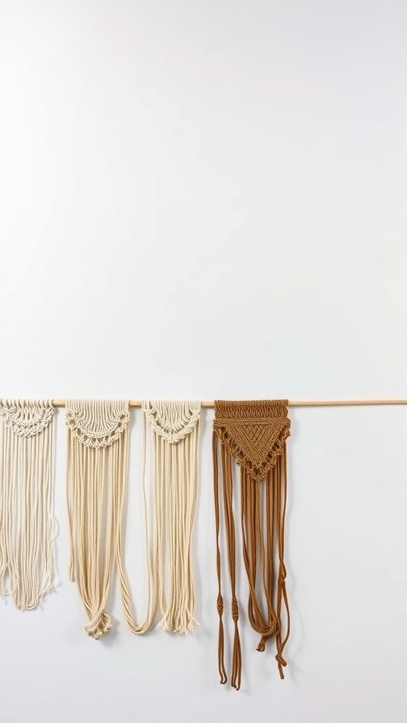 A collection of macrame wall hangings in various colors and styles.