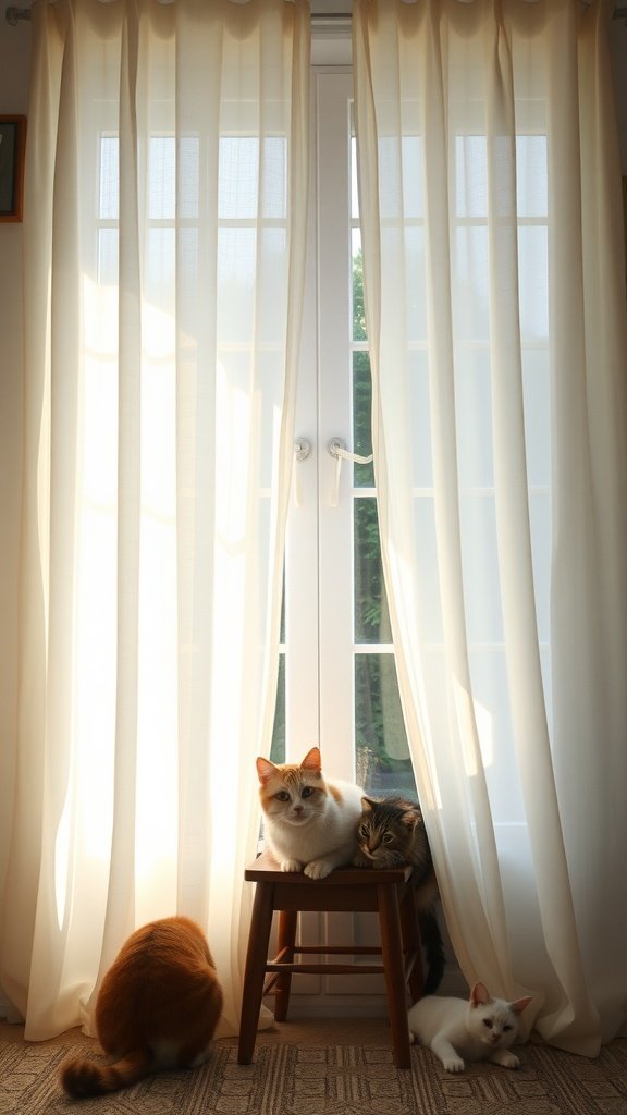 Three cats sitting near sheer curtains in a bright room.