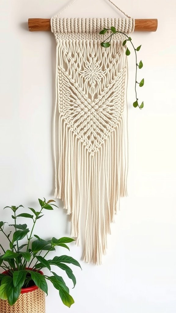 A beautiful macrame wall hanging with natural elements.