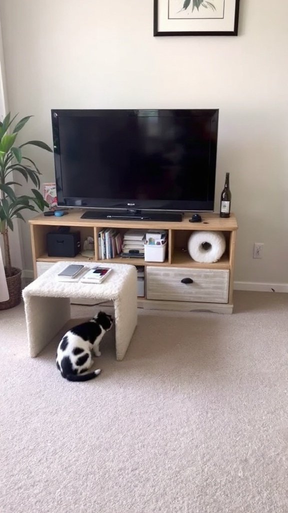 Cozy living room with cats exploring furniture.