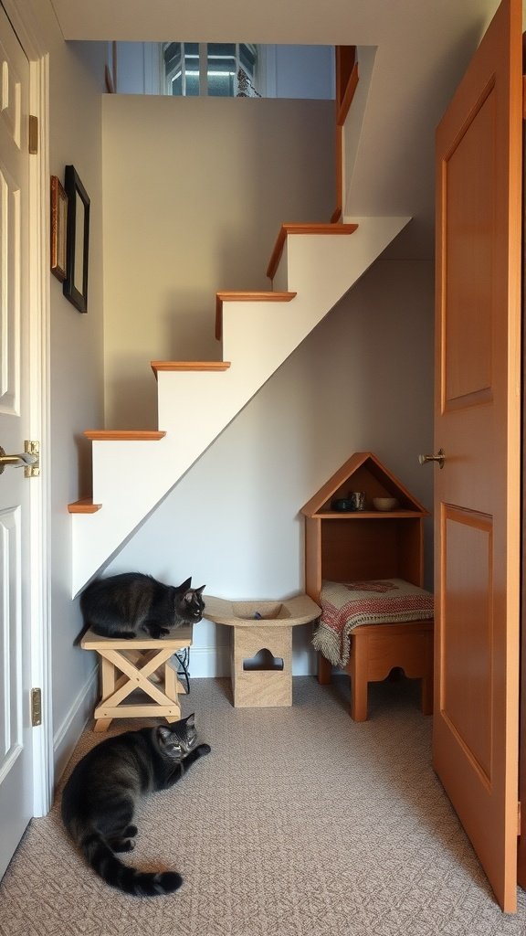 Two cats relaxing in a cozy space under the stairs, with a small house and scratching post nearby.