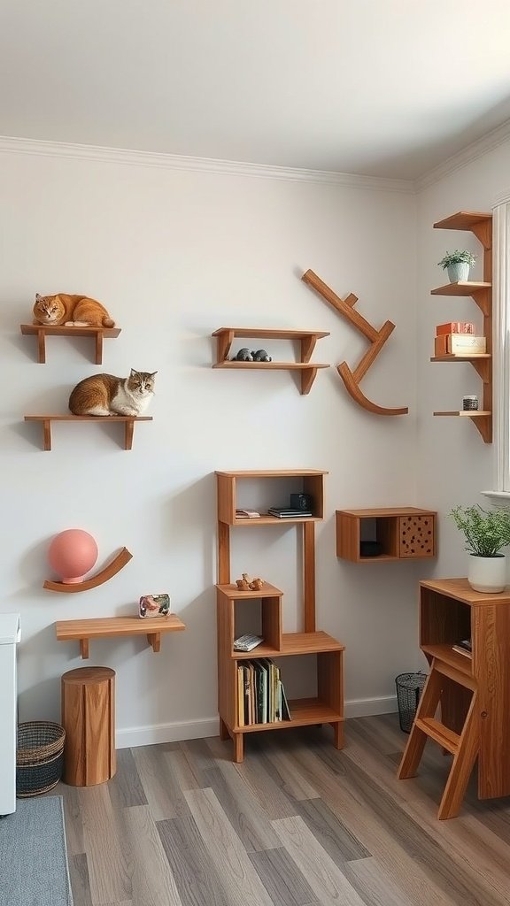 Room with wooden shelves and two cats relaxing on them